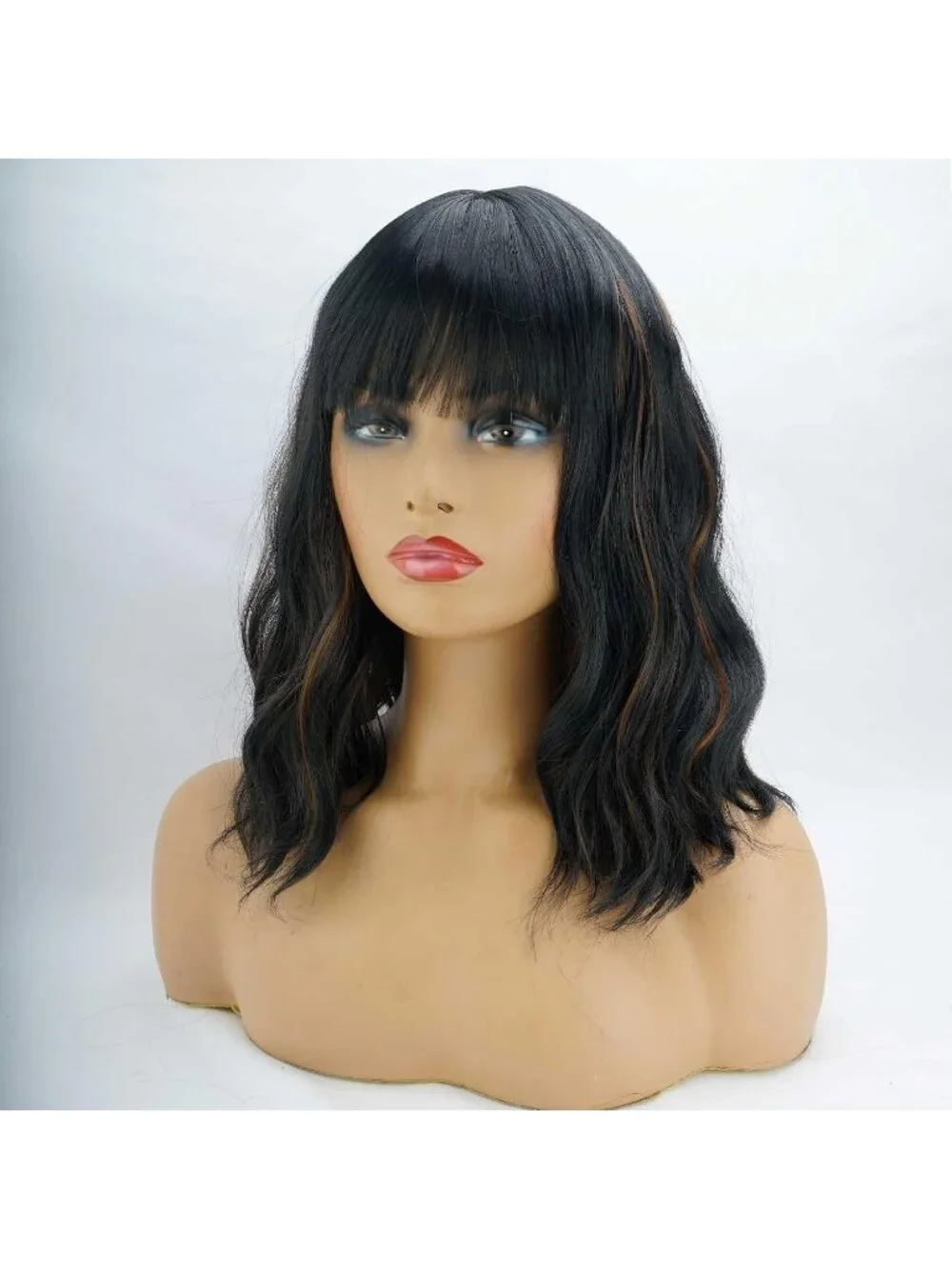 Women's Black Mixed Brown 14 Inch Heat Resistant Short Bangs Bob Modern Wavy Wig